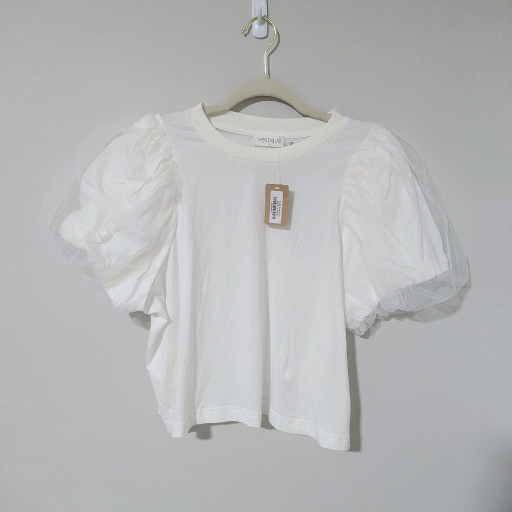 Vestique White Puff Sleeve Blouse T-shirt Sz L